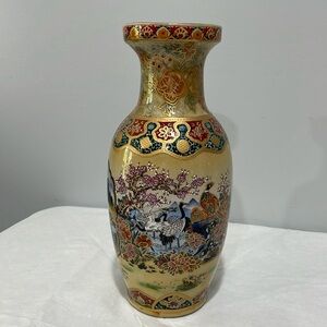 Satsuma Hand Painted Vase 12” Gold Gilded Japan Cranes Cherry Tree Blossoms